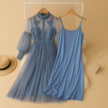 Floral high waist dress for women with lantern sleeves and stand collar, elegant and perfect for formal occasions or stylish daily wear.