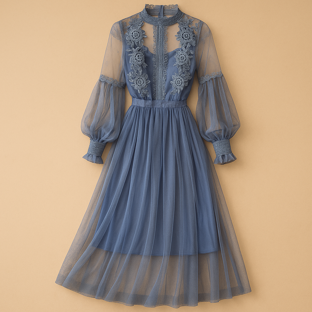 Floral high waist midi dress for women with stand collar and lantern sleeves, ideal for formal events and elegant daily wear.