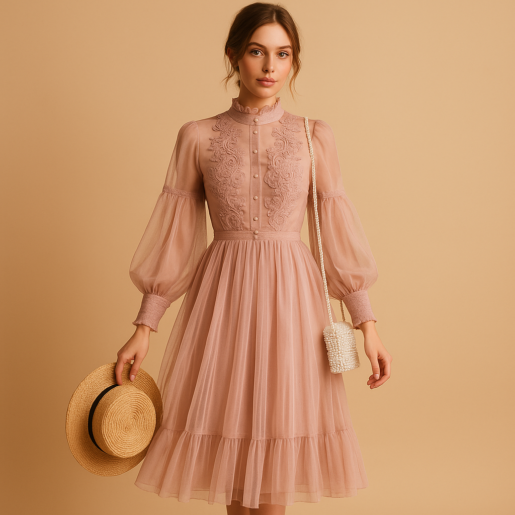 Floral high waist midi dress for women with stand collar and lantern sleeves, ideal for formal events and elegant daily wear.