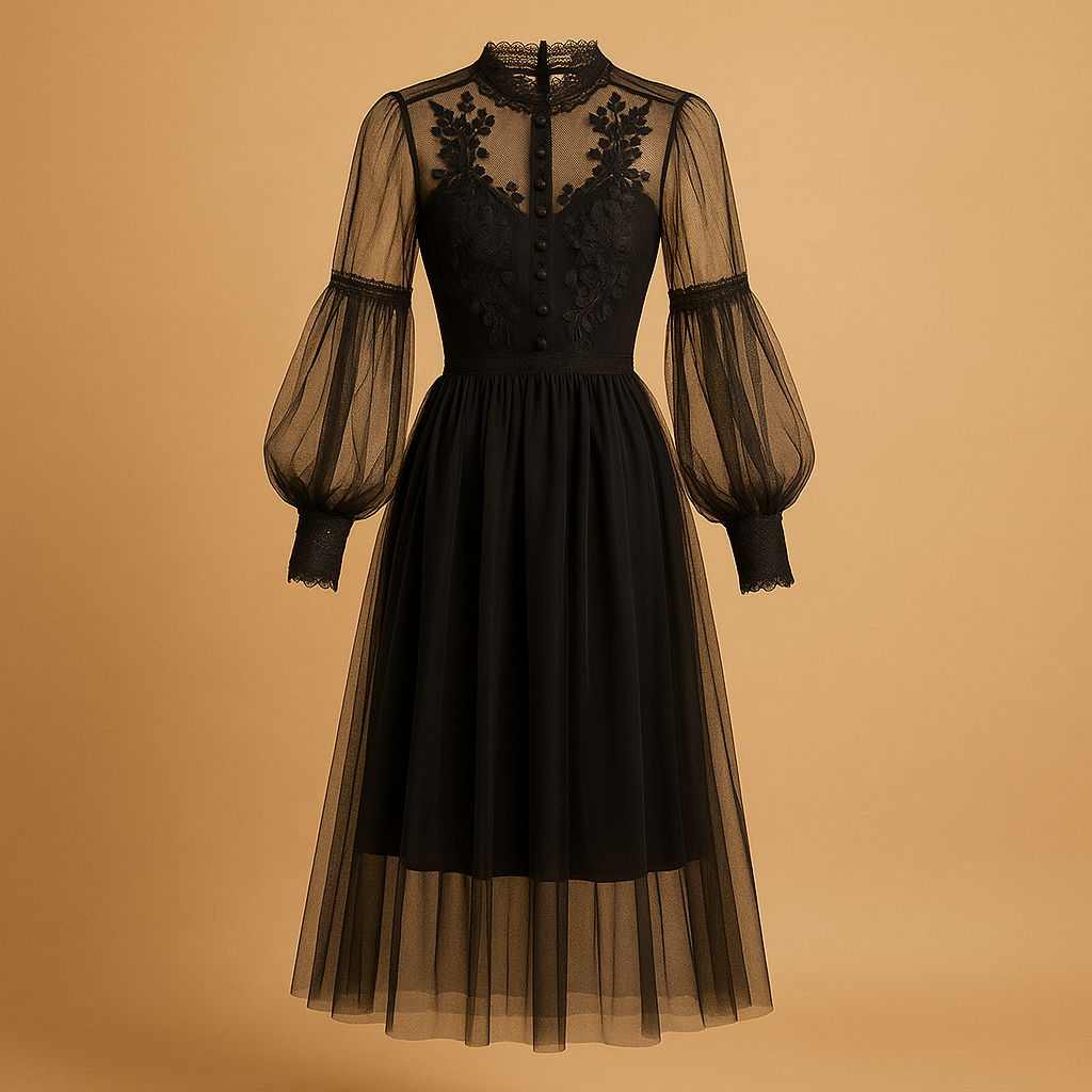 Floral high waist midi dress for women with stand collar and lantern sleeves, ideal for formal events and elegant daily wear.