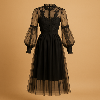 Floral high waist midi dress for women with stand collar and lantern sleeves, ideal for formal events and elegant daily wear.