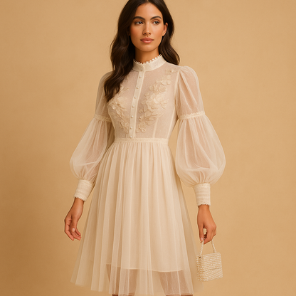 Floral high waist midi dress for women with stand collar and lantern sleeves, ideal for formal events and elegant daily wear.