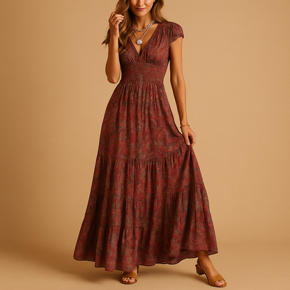 Women’s floral maxi dress with a ruffle collar and flattering fit, perfect for parties, dinners, and elegant everyday wear.