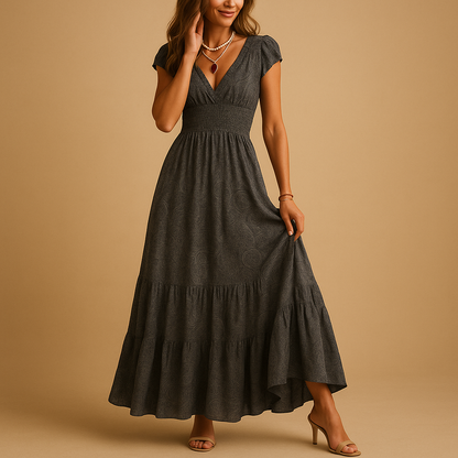 Women’s floral maxi dress with a ruffle collar and flattering fit, perfect for parties, dinners, and elegant everyday wear.