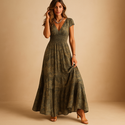 Women’s floral maxi dress with a ruffle collar and flattering fit, perfect for parties, dinners, and elegant everyday wear.