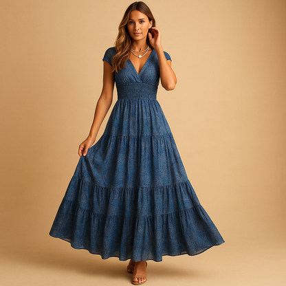 Women's Floral Maxi Dress Ruffle Collar Fit - VibreMode