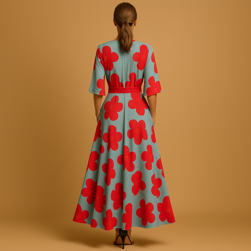 Women’s floral maxi dress with deep V-neck, flowing skirt and practical pockets, ideal for summer outings, parties and evening occasions.