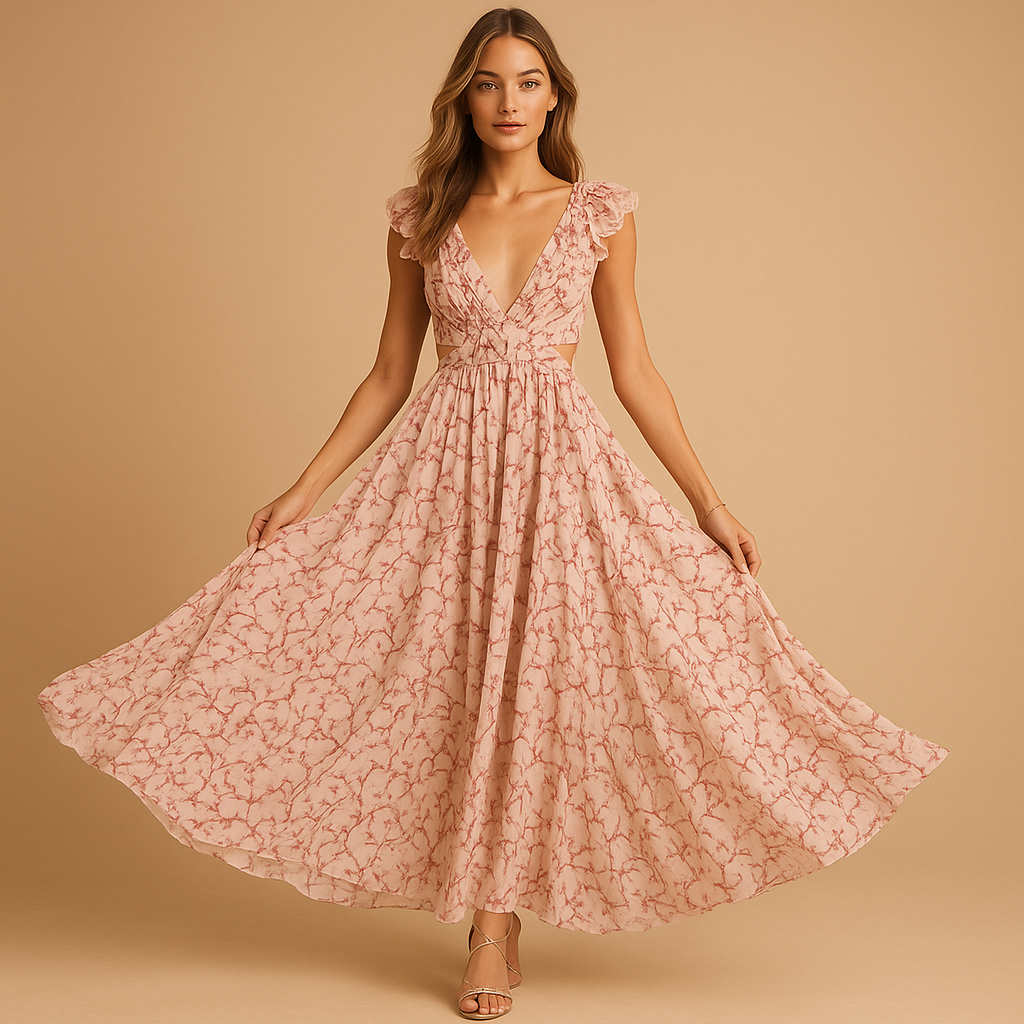 Beautiful Long Ruffle V Neck Women's Dress - VibreMode