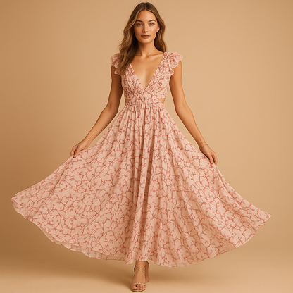 Beautiful Long Ruffle V Neck Women's Dress - VibreMode