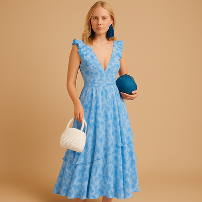Women’s floral maxi dress with ruffle sleeves, deep V-neck and high slit, perfect for summer weddings, parties and evening events.