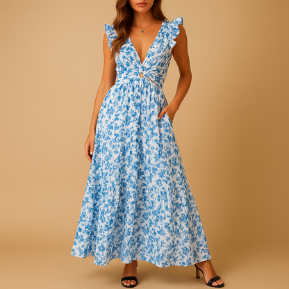 Women’s floral maxi dress with ruffle sleeves, deep V-neck and high slit, perfect for summer weddings, parties and evening events.