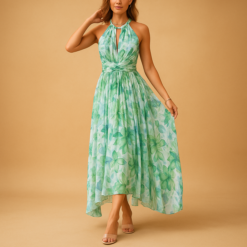 Floral maxi dress for women with a high waist and sleeveless design, perfect for summer vacations, garden parties, and elegant casual wear.