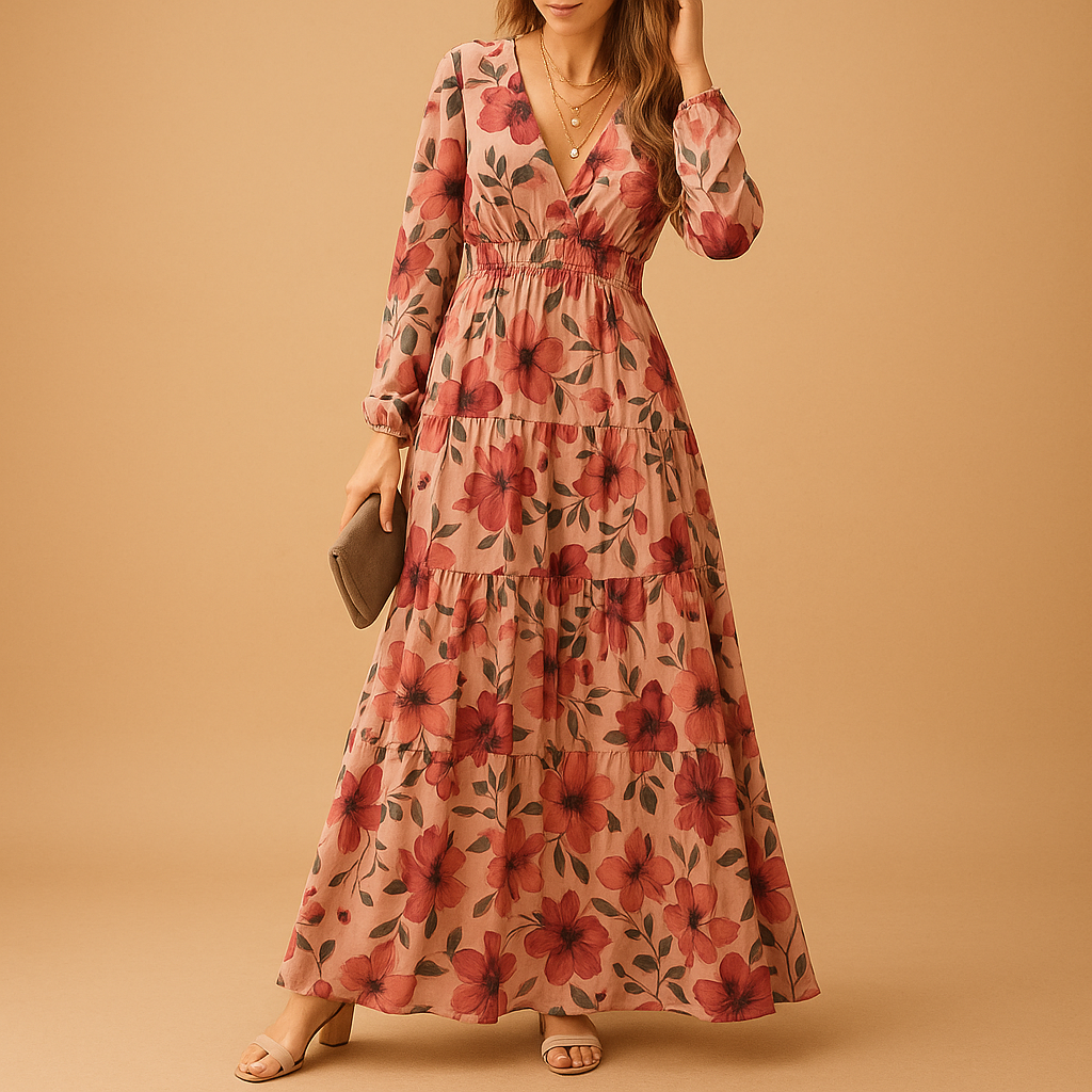 Floral maxi summer dress for women with V-neck and flowy fit, perfect for beach days, summer parties, and casual elegant wear.