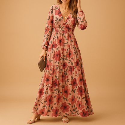 Floral maxi summer dress for women with V-neck and flowy fit, perfect for beach days, summer parties, and casual elegant wear.