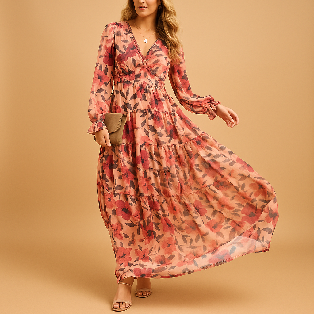 Floral maxi summer dress for women with V-neck and flowy fit, perfect for beach days, summer parties, and casual elegant wear.