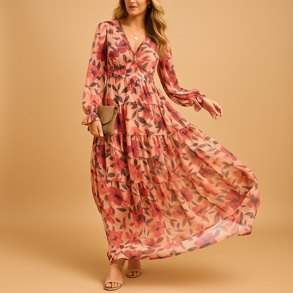 Floral maxi summer dress for women with V-neck and flowy fit, perfect for beach days, summer parties, and casual elegant wear.