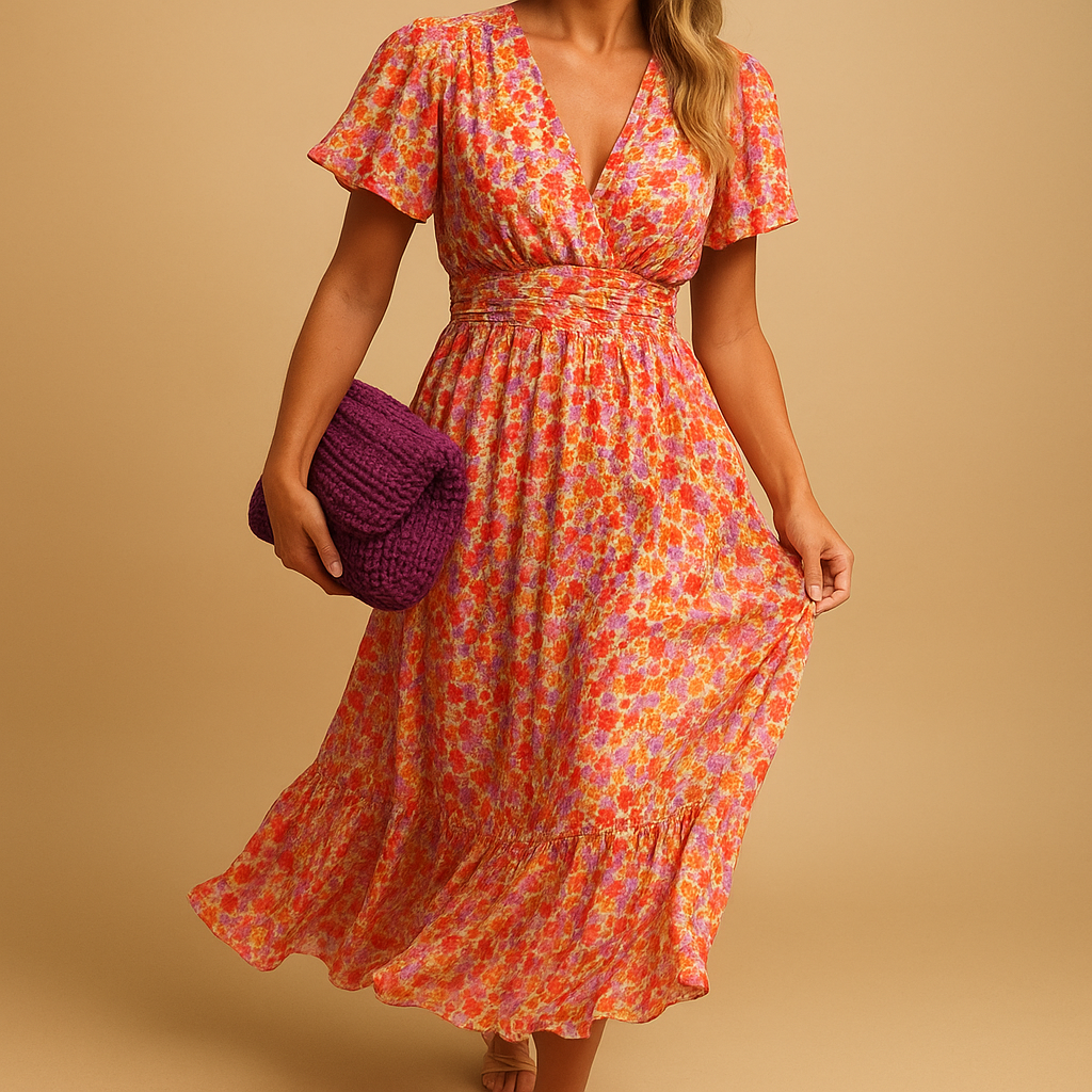 Women’s floral maxi summer dress with V-neck and flowing silhouette, ideal for holidays, warm evenings, and casual or chic summer styling.