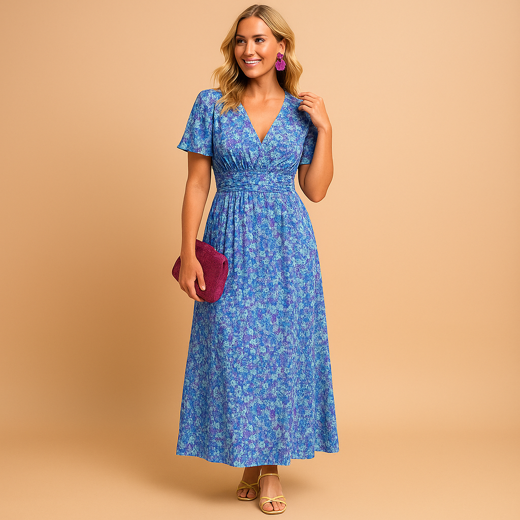 Women’s floral maxi summer dress with V-neck and flowing silhouette, ideal for holidays, warm evenings, and casual or chic summer styling.