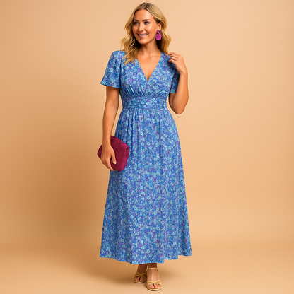 Women’s floral maxi summer dress with V-neck and flowing silhouette, ideal for holidays, warm evenings, and casual or chic summer styling.