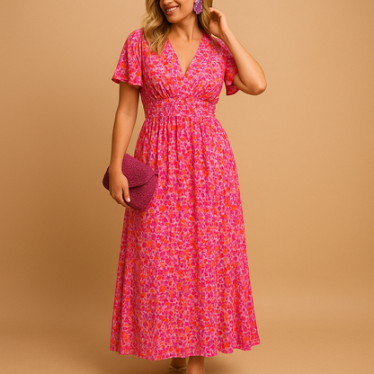 Women’s floral maxi summer dress with V-neck and flowing silhouette, ideal for holidays, warm evenings, and casual or chic summer styling.