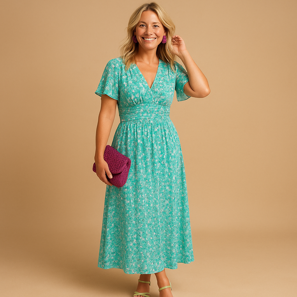 Women’s floral maxi summer dress with V-neck and flowing silhouette, ideal for holidays, warm evenings, and casual or chic summer styling.