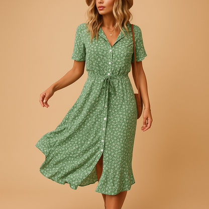 Women’s floral print midi dress with short sleeves and flattering fit, perfect for summer outings, casual wear, vacations, and stylish warm weather looks.