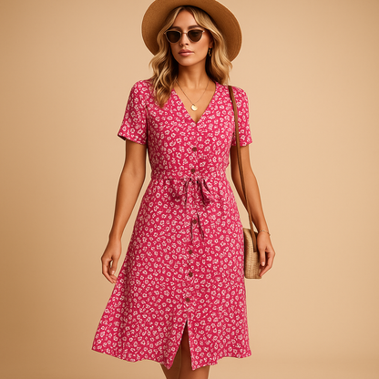 Women’s floral print midi dress with short sleeves and flattering fit, perfect for summer outings, casual wear, vacations, and stylish warm weather looks.
