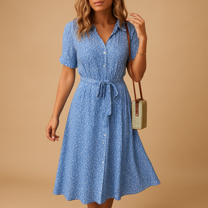 Women’s floral print midi dress with short sleeves and flattering fit, perfect for summer outings, casual wear, vacations, and stylish warm weather looks.