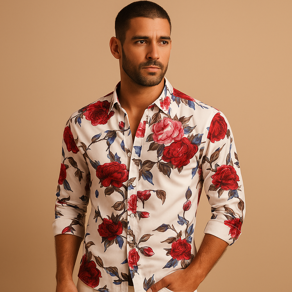 Floral print button-up shirt for men with a modern comfortable fit, ideal for casual outfits, parties, and stylish everyday wear.