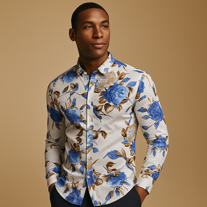 Floral print button-up shirt for men with a modern comfortable fit, ideal for casual outfits, parties, and stylish everyday wear.