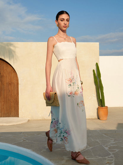 Women's Floral Maxi Sundress Cutout Waist Scallop Hem