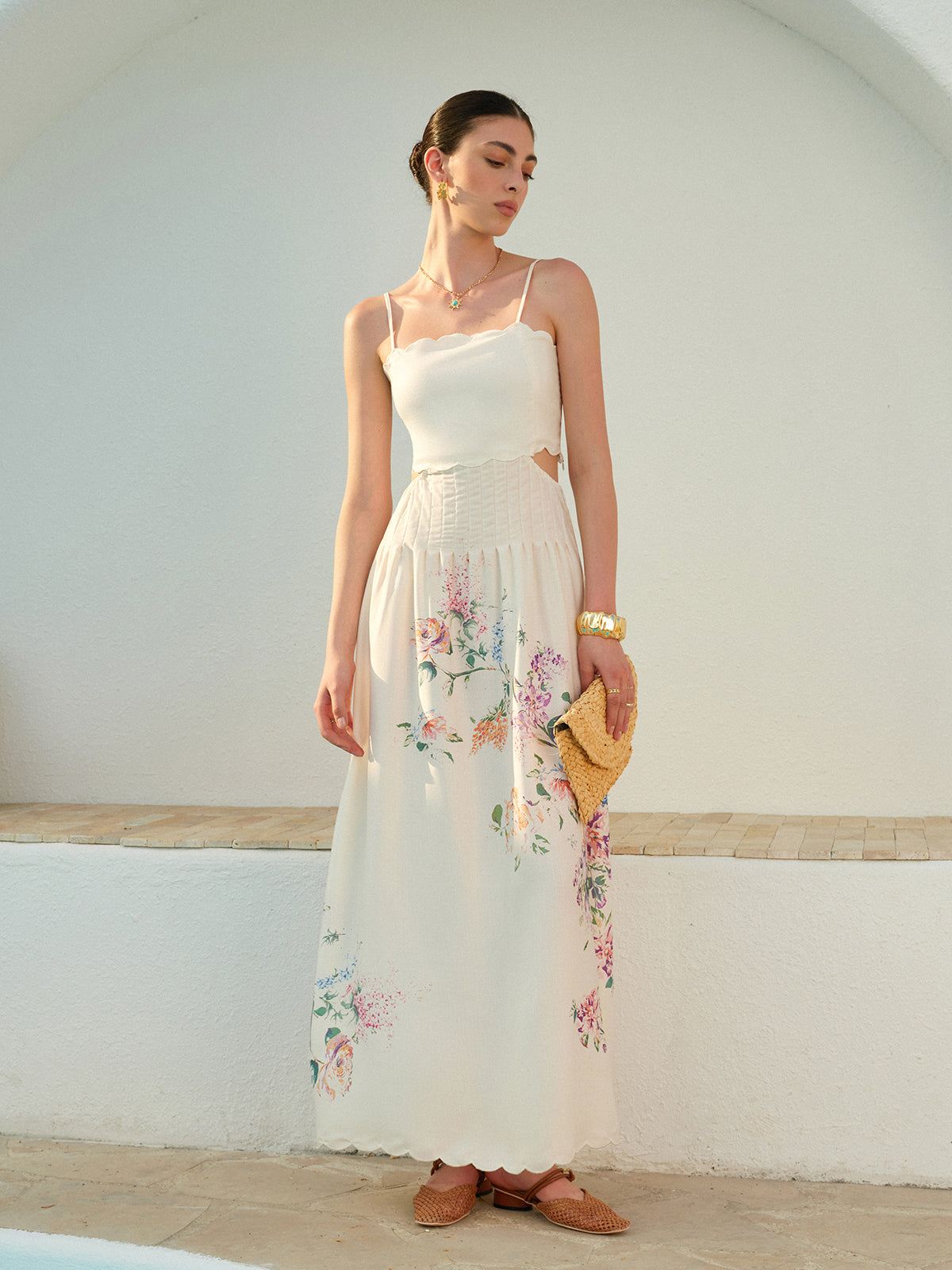 Women's Floral Maxi Sundress Cutout Waist Scallop Hem