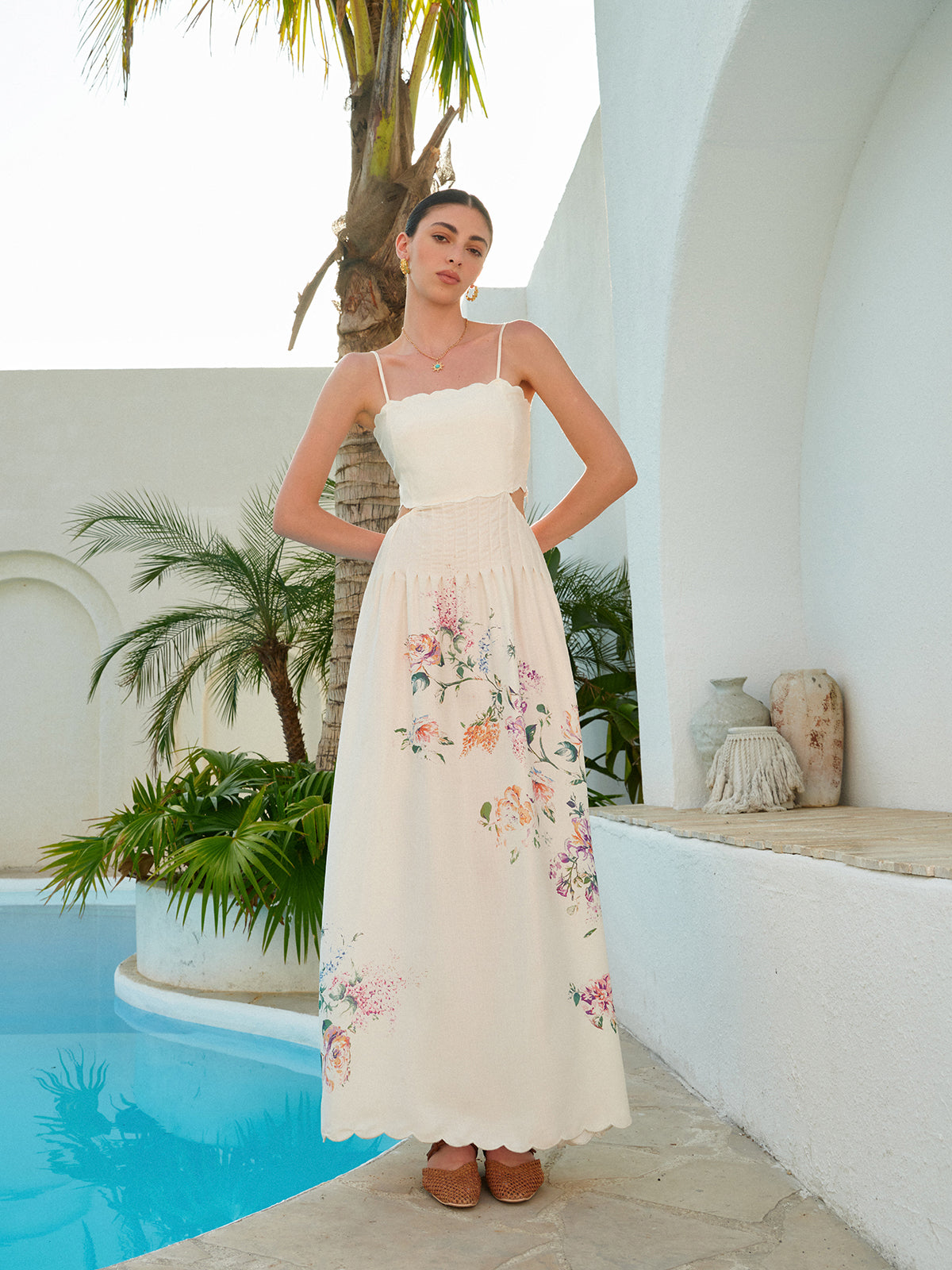 Women's Floral Maxi Sundress Cutout Waist Scallop Hem