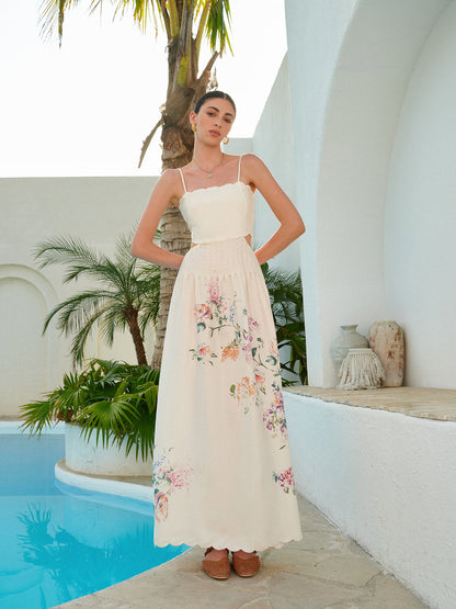 Women's Floral Maxi Sundress Cutout Waist Scallop Hem