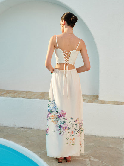 Women's Floral Maxi Sundress Cutout Waist Scallop Hem