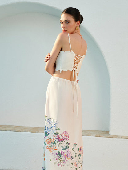 Women's Floral Maxi Sundress Cutout Waist Scallop Hem