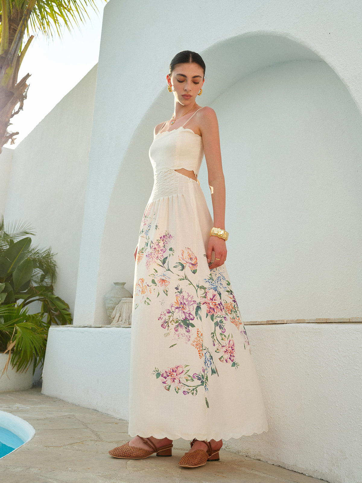 Women's Floral Maxi Sundress Cutout Waist Scallop Hem - VibreMode
