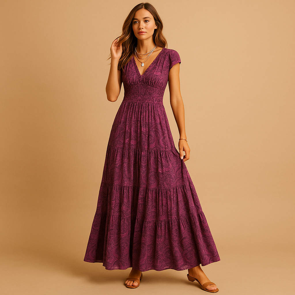 Women’s floral print maxi dress with ruffle collar and flattering waistline, perfect for parties, dinners, and elegant everyday occasions.