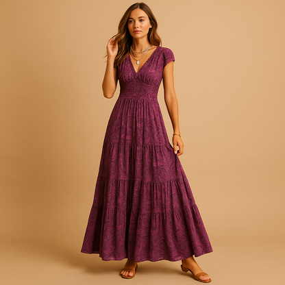 Women’s floral print maxi dress with ruffle collar and flattering waistline, perfect for parties, dinners, and elegant everyday occasions.