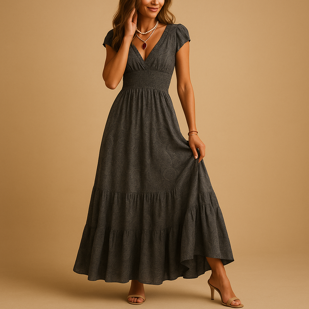 Women’s floral print maxi dress with ruffle collar and flattering waistline, perfect for parties, dinners, and elegant everyday occasions.