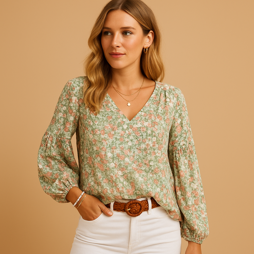 Women’s floral print summer blouse with long sleeves and a loose fit, ideal for warm days, work outfits, and casual summer looks.