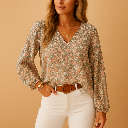 Women’s floral print summer blouse with long sleeves and a loose fit, ideal for warm days, work outfits, and casual summer looks.