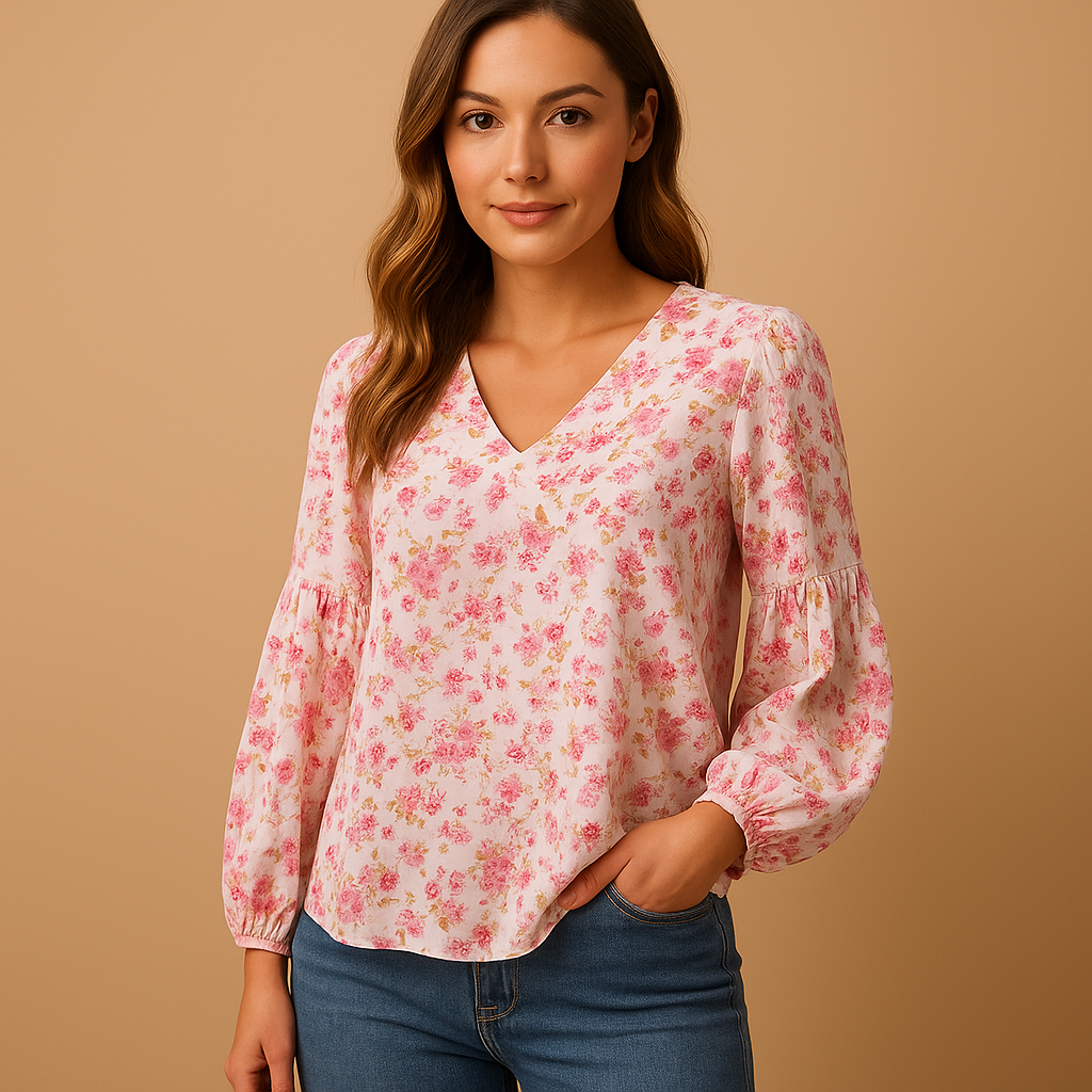 Women’s floral print summer blouse with long sleeves and a loose fit, ideal for warm days, work outfits, and casual summer looks.