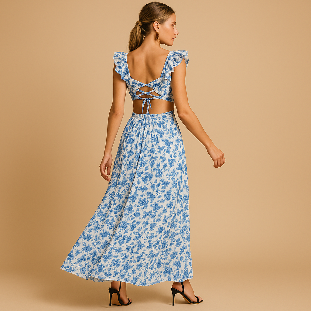 Women’s floral ruffle maxi dress with deep v-neck, high slit, and waist cut-out, perfect for parties, summer weddings, and special occasions.