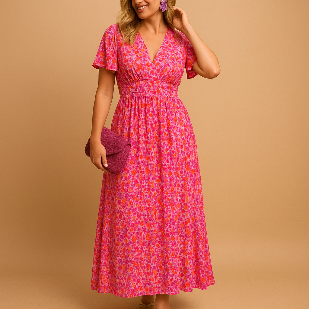 Women’s floral v-neck maxi summer dress with a flowing fit and multicolor print, perfect for holidays, beach days, and evening outings.
