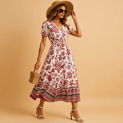 Women’s floral V-neck summer dress with short sleeves and flattering fit, perfect for beach walks, vacations, and stylish summer outings.