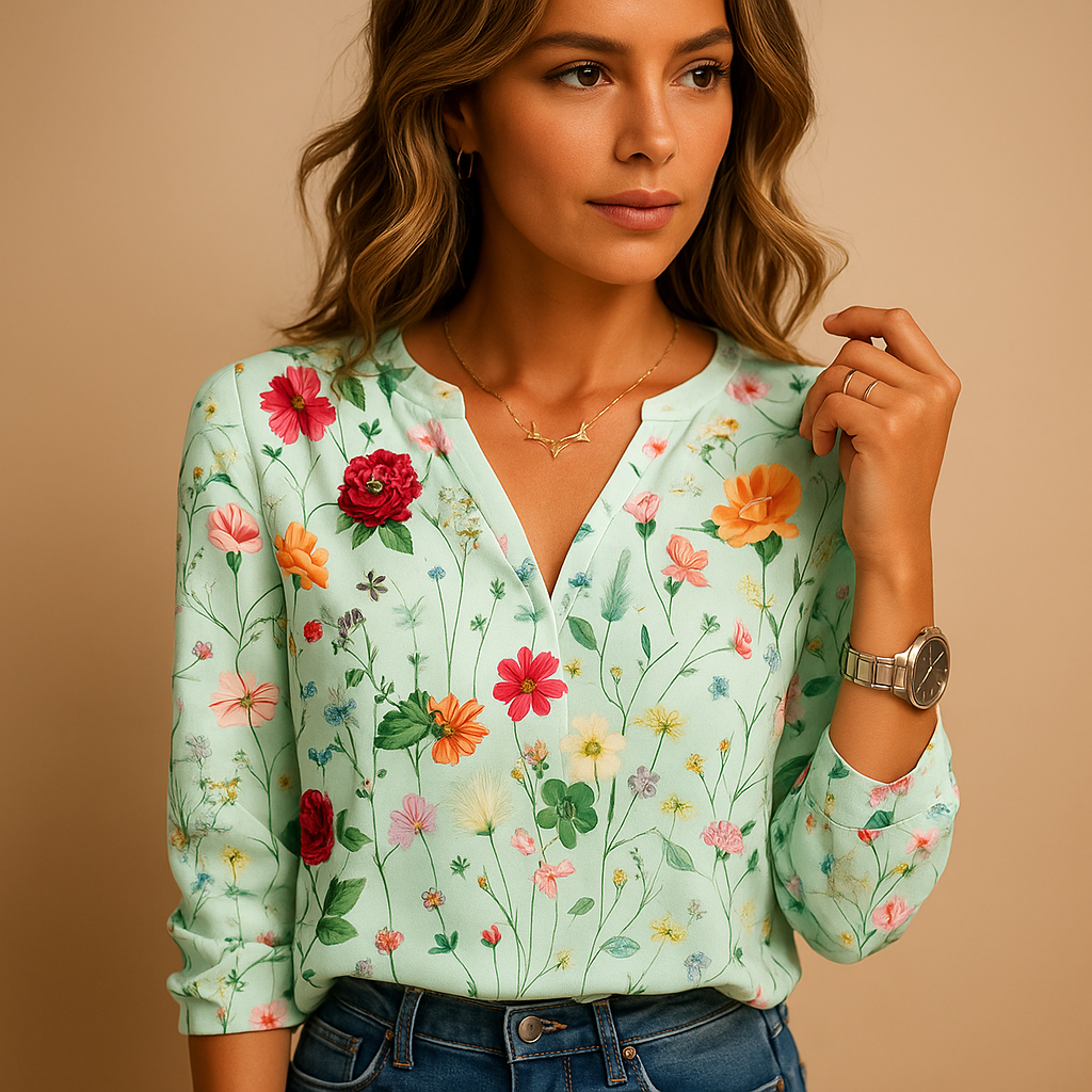 Women’s floral blouse with V-neck and long sleeves, breathable fit and soft fabric, ideal for casual and chic outfits.