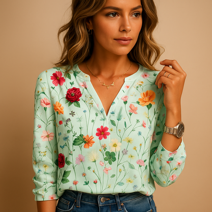 Women’s floral blouse with V-neck and long sleeves, breathable fit and soft fabric, ideal for casual and chic outfits.