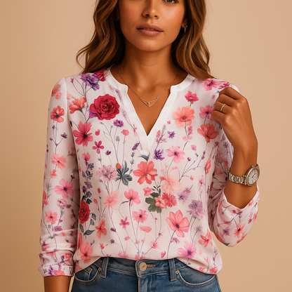 Women’s floral blouse with V-neck and long sleeves, breathable fit and soft fabric, ideal for casual and chic outfits.