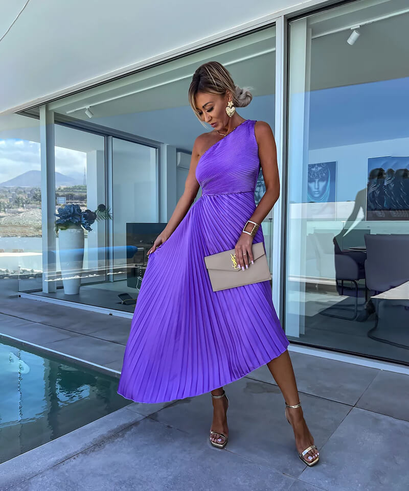 Elegant One Shoulder Midi Evening Dress for Women